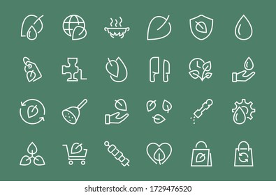 Ecology Icon Set, Vector lines, contains icons such as photosynthesis, Enviroment protection, Eco-friendly package, growth time, Editable stroke, perfect 48x48 pixels, White background.