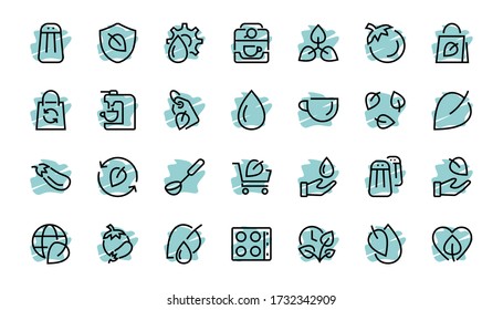 Ecology Icon Set, Vector lines, contains icons such as photosynthesis, Enviroment protection, Eco-friendly package, growth time, Editable stroke, perfect 48x48 pixels, White background.