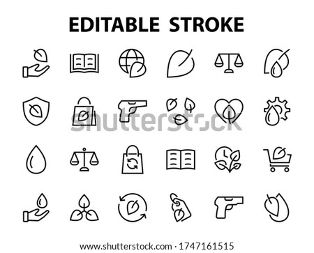 Ecology Icon Set, Vector lines, contains icons such as photosynthesis, Enviroment protection, Eco-friendly package, growth time, Editable stroke, perfect 48x48 pixels, White background.