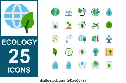 conjunto de iconos ecológicos.color plano. contiene plantas, bicicletas, árboles, residuos reciclados, reciclaje, grifo de agua, ecología, calentamiento global, energía eólica, hojas, energía renovable.Vector para diseño gráfico y web.