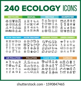 Ecology Icon Thin Line Big Set Vector. Ecology Symbol Package Bundle. Isolated Sign For Web Design Illustrations