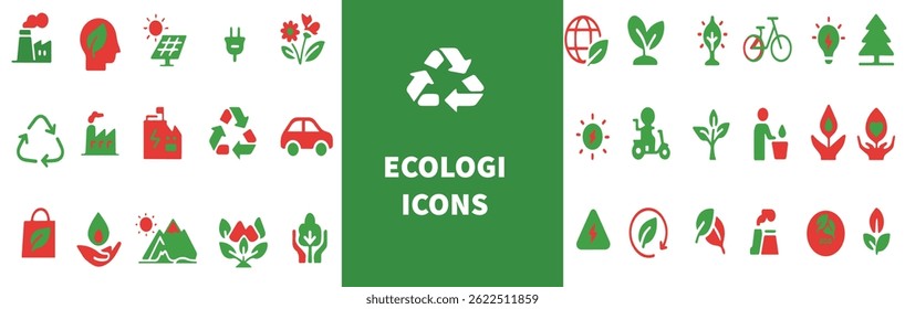 Ecology icon, vector set. Eco friendly linear sign, icon collection. Environment protection icon, renewable power, recycle, reusable  line icon set. Vector illustration. Green and Red Themes