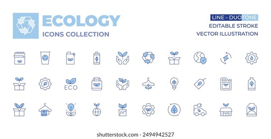 Ecology icons collection. Line Duotone style, editable stroke. eco product, sapling, eco friendly, ecology, packaging, eco battery, gear, recycling, bag, sustainable, notebook.