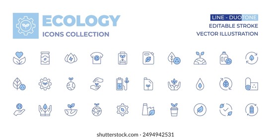 Ecology icons collection. Line Duotone style, editable stroke. eco battery, hydraulic energy, growth, eco packaging, organic, clothes, eco friendly, recycling, gear.