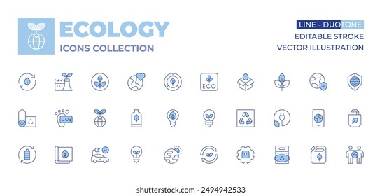 Ecology icons collection. Line Duotone style, editable stroke. eco packaging, eco, eco friendly, earth, carbon footprint, non toxic, eco factory, packaging, recycling.