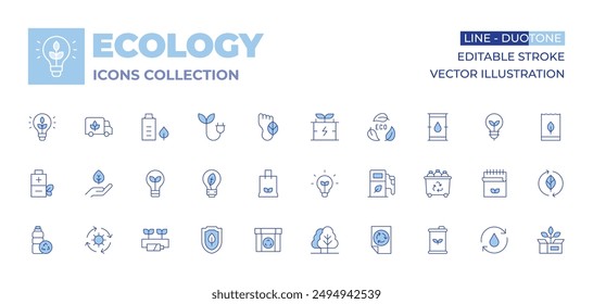 Ecology icons collection. Line Duotone style, editable stroke. distribution, eco battery, solar energy, sustainable energy, environmental protection, plastic bottle, bulb, eco energy.