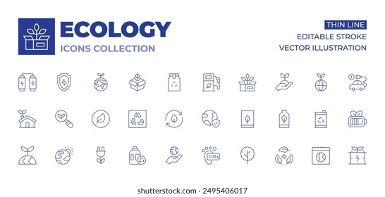 Ecology icons collection. Thin Line icons, editable stroke. eco packaging, bio, sustainability, package, calendar, tree, eco energy, eco battery, plant, electric car, packaging.