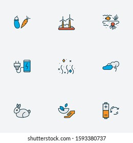 Ecology icons colored line set with vegetables, charging, rabbit and other healthy food elements. Isolated vector illustration ecology icons.