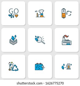 Ecology icons colored line set with atomic energy, rechargeable batteries, factory and other magnifying elements. Isolated vector illustration ecology icons.