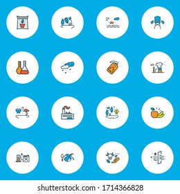 Ecology icons colored line set with eco farming, power of nature, water tank and other geology elements. Isolated vector illustration ecology icons.