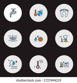Ecology icons colored line set with footprints, green technology, gas can and other footstep elements. Isolated vector illustration ecology icons.