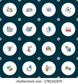 Ecology icons colored line set with gas can, worlds batman, expansion of the city and other temperature measurement elements. Isolated vector illustration ecology icons.