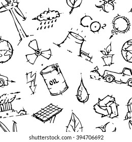 Ecology icons coloring seamless pattern. Stock hand drawn vector illustration.