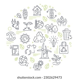 Ecology icons composition. Collection of graphic elements for website. Alternative energy sources and waste recycling. Electricity and power. Flat vector illustrations isolated on white background