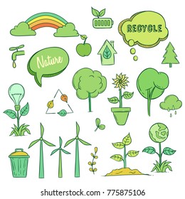ecology icons concept with colored doodle art