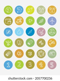 Ecology icons. Creative freehand drawn pictograms. Icons of nature, packaging, climate, animals, climate change, sustainable energy, recycling, renewable energy, composting, let's take care of the pla