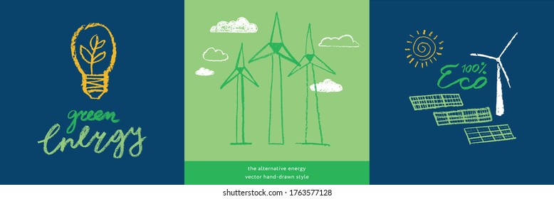 Ecology icons and eco friendly technology concept. Green energy emblem in hand drawn naive style. Vector childish illustration of wind turbines and solar power farms. Renewable energy. Global warming.