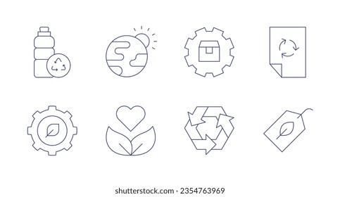Ecology icons. Editable stroke. Containing plastic bottle, greenhouse effect, supply, paper recycle, gear, organic, recycling, label.