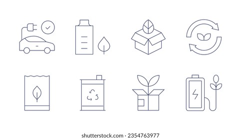 Iconos ecológicos. Trazo editable. Conteniendo coche eléctrico, batería ecológica, caja, ecología, empaque ecológico, bio, logística verde.