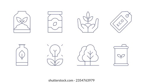 Ökologische Symbole. Bearbeitbarer Strich. Enthält Sprossling, Öko-Verpackungen, Pflanzen, Öko-Tag, Verpackung, Bio, Bäume, Öko-Energie.