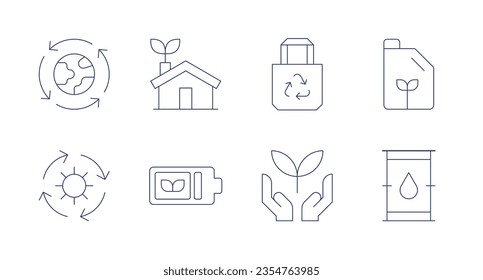 Ökologische Symbole. Bearbeitbarer Strich. Enthält Kreislaufwirtschaft, Öko-Haus, Totbeutel, Öko-Kraftstoff, Solarenergie, Öko-Batterie, Ökologie.