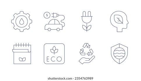Ecology icons. Editable stroke. Containing water system, electric car, save energy, think green, notebook, eco friendly, recycling, safe.