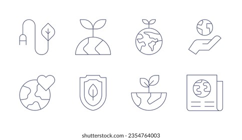 Ecology icons. Editable stroke. Containing eco energy, ecology, green earth, eco friendly, protection, plant, newspaper.