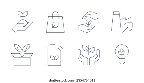 Ecology icons. Editable stroke. Containing plant, shopping bag, growth, green factory, sustainable, eco product, sapling, ecology.