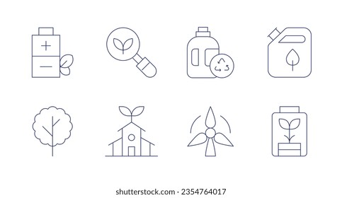 Ecology icons. Editable stroke. Containing eco battery, ecology, detergent, eco fuel, tree, wind energy.