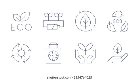 Ecology icons. Editable stroke. Containing eco friendly, eco energy, eco, solar energy, eco bag, ecology, environmental protection.