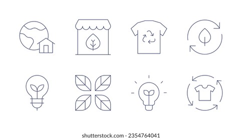 Ecology icons. Editable stroke. Containing earth, shop, clothes, recycling, light bulb, environment, green energy, reuse.