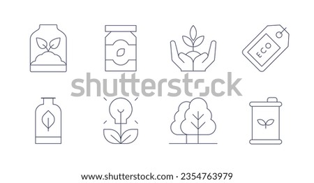 Ecology icons. Editable stroke. Containing sprout, eco packaging, plant, eco tag, packaging, bio, trees, eco energy.