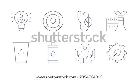 Ecology icons. Editable stroke. Containing sustainable energy, eco friendly, carbon footprint, eco factory, eco packaging, eco battery, sun.