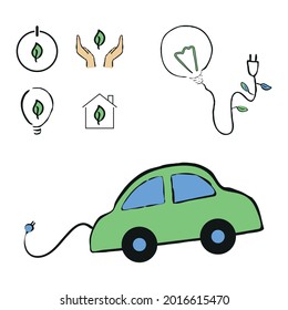 ecology icons, electrical car, sustainable energy powered light bulb, eco-friendly house, power on icon, leaf in between hands