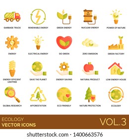 Ecology icons including garbage truck, renewable, nuclear, electrical, green, zero emission, factory, efficient lighting, save the planet, natural product, low energy house, afforestation, protection.
