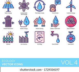 Ecology icons including solar energy, sustainable technology, the water cycle, think green, turbine, waste reduction, saving, treatment, zero emission, nature, eco factory, bag, love earth.