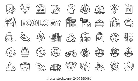 Iconos ecológicos en el diseño de líneas. Medio ambiente, verde, sustentabilidad, ecosistema, respetuoso con el medio ambiente, tierra, energía verde, medio ambiente aislado en el vector de fondo blanco. Icono de trazo modificable de la ecología.