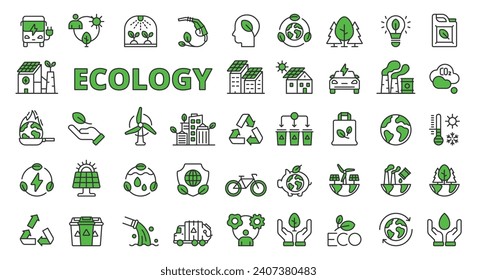 Ecology icons in line design green. Environment, green, sustainability, ecosystem, eco friendly, earth, green energy, environment isolated on white background vector. Ecology editable stroke icon.