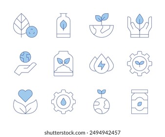 Ecology icons. Line Duotone style, editable stroke. hydraulic energy, ecology, eco packaging, sprout, water system, organic, sustainable, eco friendly, recycling, plant, gear, packaging.