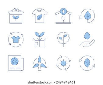 Ecology icons. Line Duotone style, editable stroke. green logistics, eco battery, recycle, newspaper, wind energy, tree, reuse, energy saving, tshirt, eco house, environmental protection, solar energy