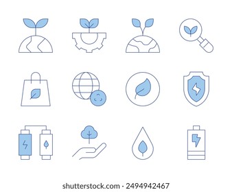 Ecology icons. Line Duotone style, editable stroke. eco friendly, engineering, eco, eco battery, shopping bag, recycling, save energy, ecology, eco energy, drop, care.