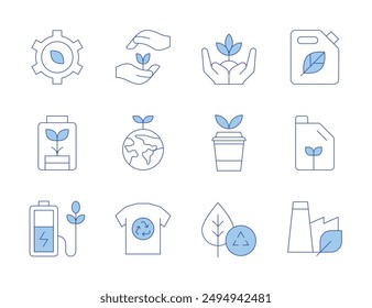 Ecology icons. Line Duotone style, editable stroke. eco battery, growth, green factory, recycling, green earth, eco fuel, ecology and environment, coffee cup, plant, clothes.