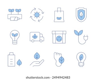 Iconos ecológicos. Línea Duotone estilo, trazo editable. distribución, eco batería, eco embalaje, protección, energía solar, protección del medio ambiente, huella de carbono, bombilla, energía verde, eco energía.