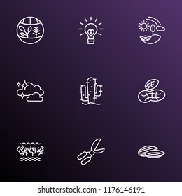 Ecology icons line style set with coral reefs, gardening scissors, cactus and other bulb elements. Isolated vector illustration ecology icons.