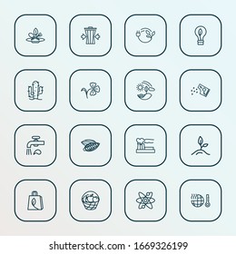 Ecology icons line style set with cacao nut, atomic energy, reduce waste and other tap elements. Isolated vector illustration ecology icons.