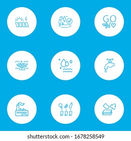 Ecology icons line style set with trash sorting, water crane, solar energy power and other industry elements. Isolated vector illustration ecology icons.