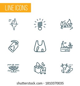 Ecology icons line style set with eco farming, fire in forest, plastic bags and other algae elements. Isolated vector illustration ecology icons.