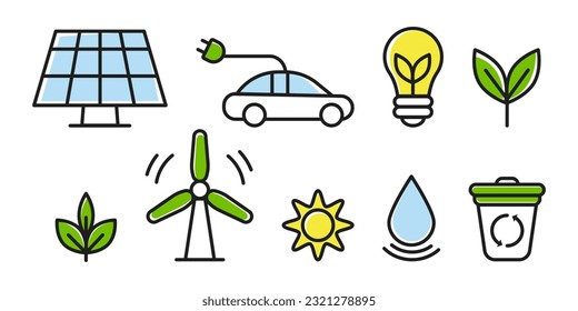 Ecology icons, net zero emissions, carbon neutral and co2 neutral concept. Natural environment protect. Long term strategy. Alternative, eco friendly, sustainable, renewable energy source.