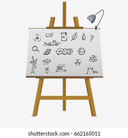 Ecology icons on easel. Planet Earth, flash, water drop, solar battery, ozone hole, carbon dioxide, radioactivity, oil. Stock hand drawn vector illustration.