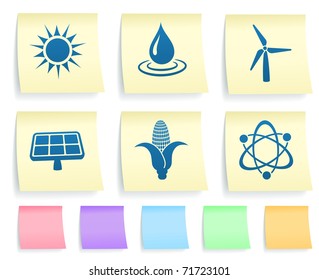 Ecology Icons on Post It Note Paper Collection Original Illustration